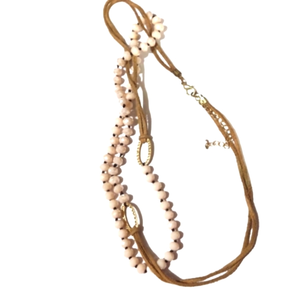 Suede long necklace with bone colored faceted crystal beads